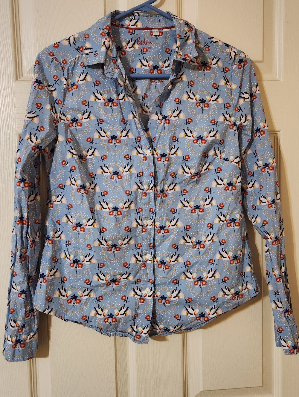 Boden Womens Blue Floral Bird Print 100% Cotton Button Front Shirt Size 4 Preppy